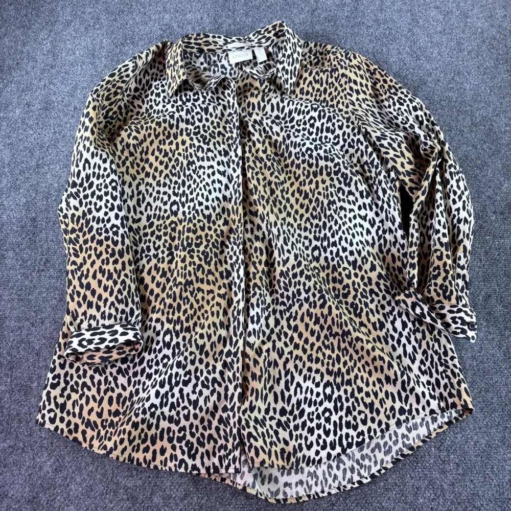 Chico's‎ Button Down Shirt Women 3 XL Tan Leopard No-Iron 100% Cotton Blouse